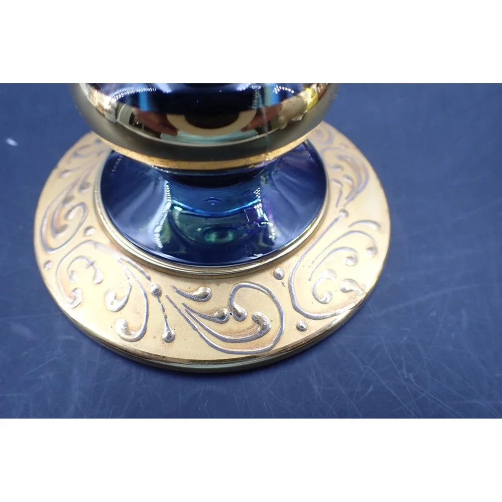Vintage Candlestick Pair Glass Heavy Gold Leaf Cobalt Blue  5.5in
